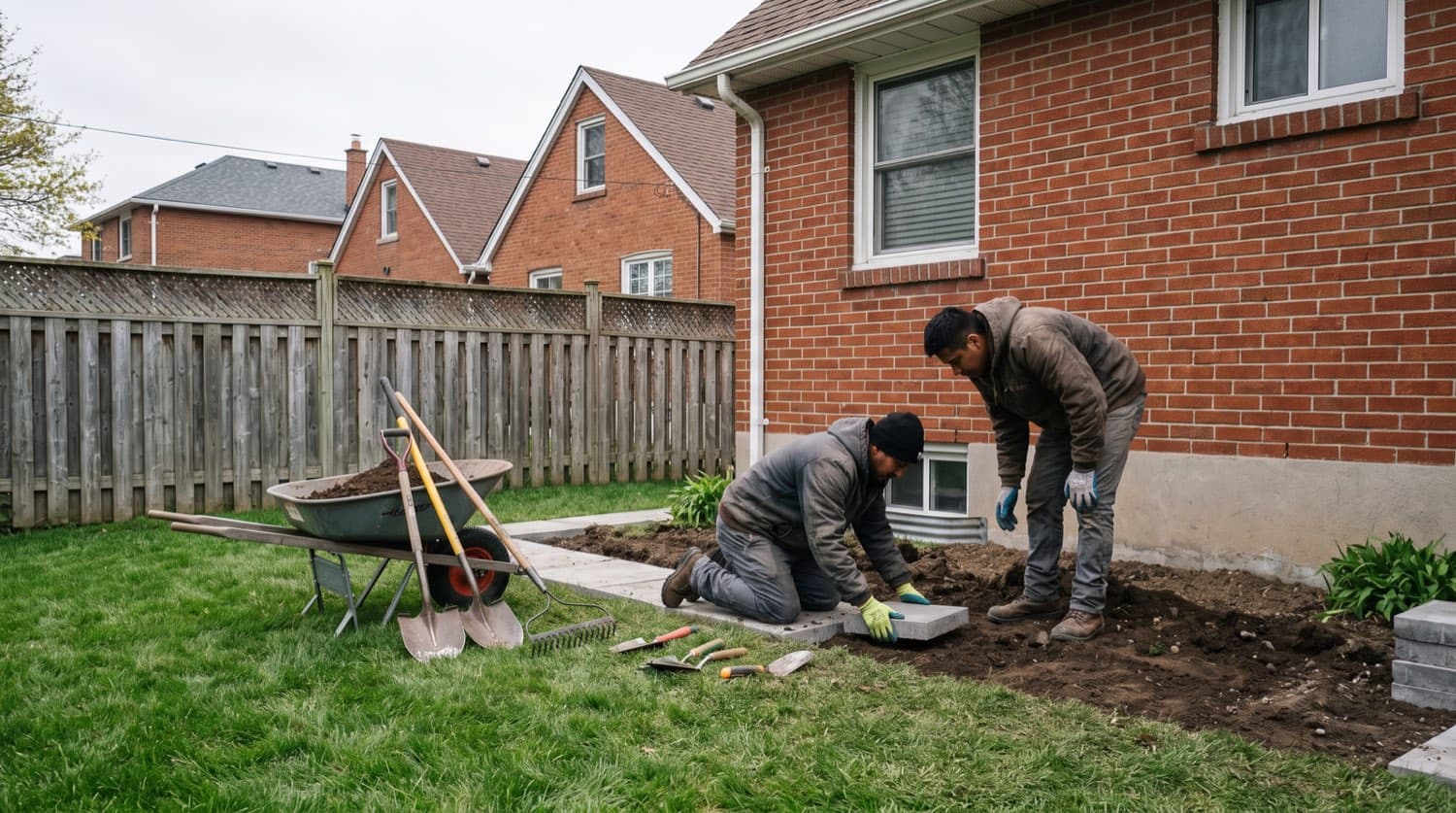 Two-person landscaping crew installing a garden bed and pavers in a Toronto backyard on a summer morning