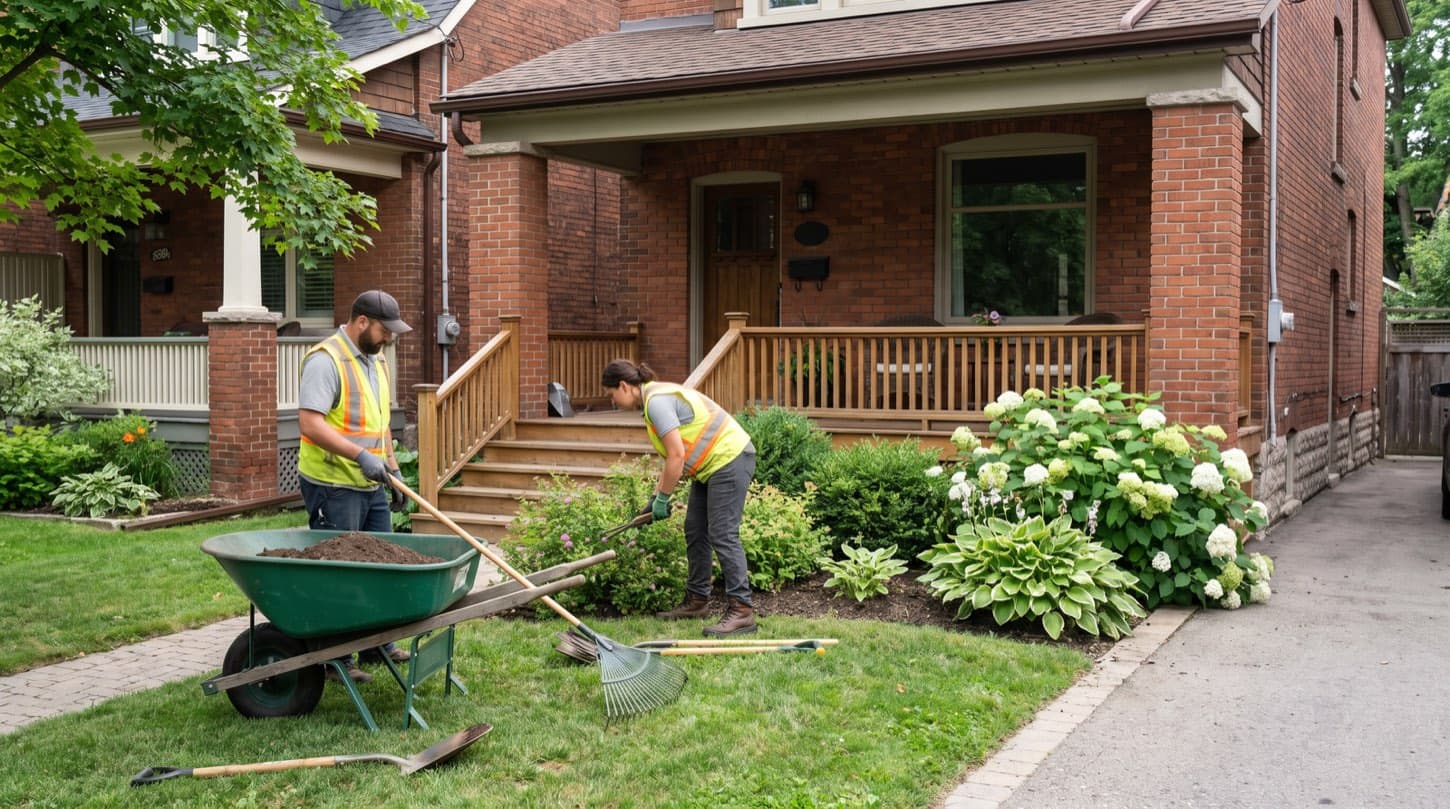 Professional landscaping crew working on a Toronto property in summer with equipment and safety gear