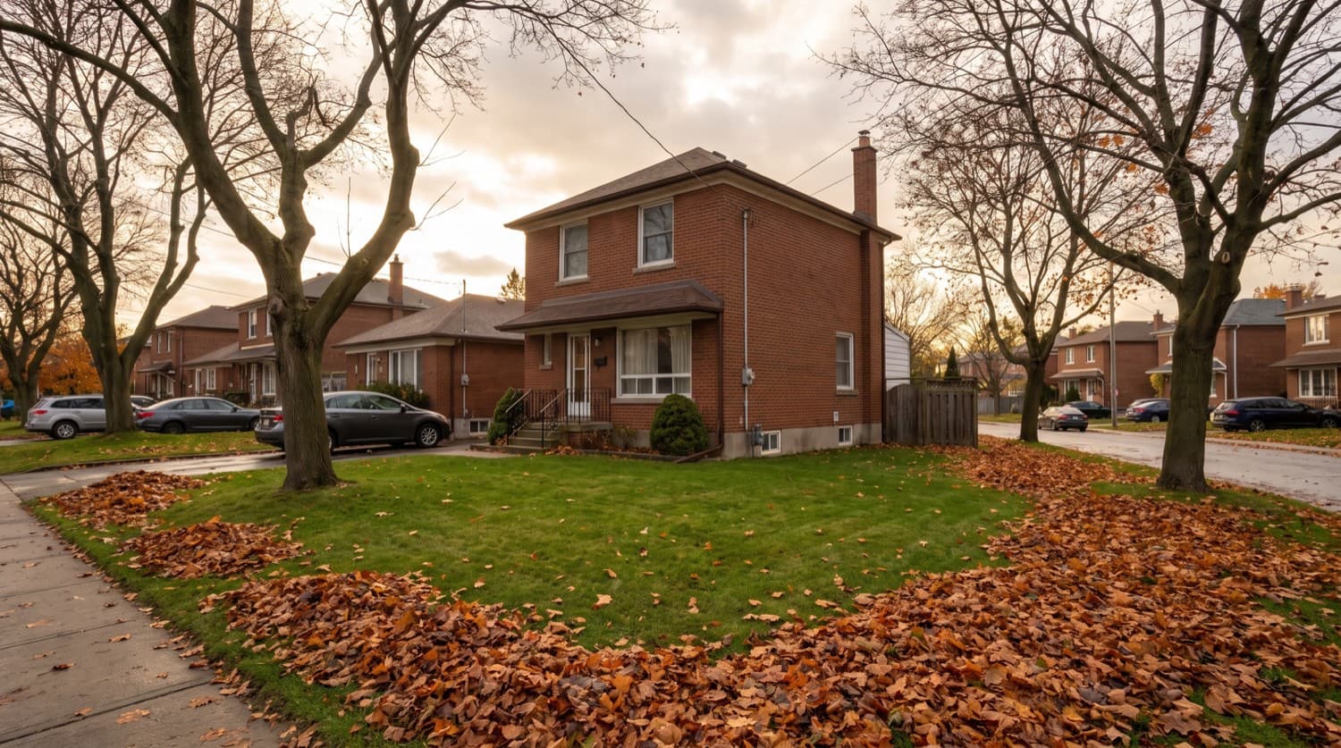 Toronto front lawn still green in late fall with bare maple trees and fallen orange leaves at the edges