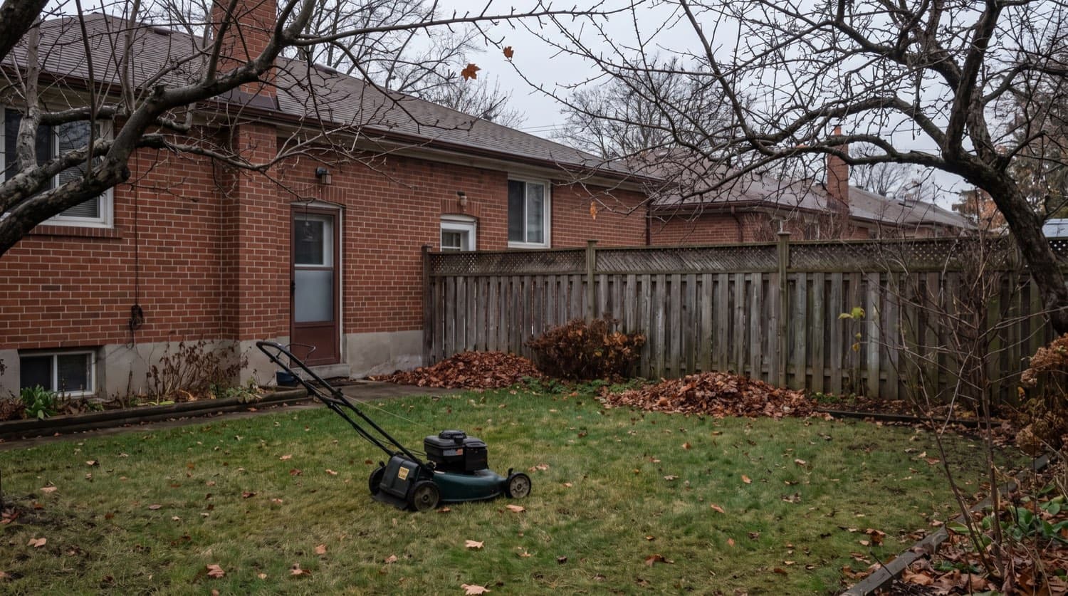 Late-autumn Toronto backyard with a lawn mower after a final mow, bare maple branches and scattered leaves under cool overcast light