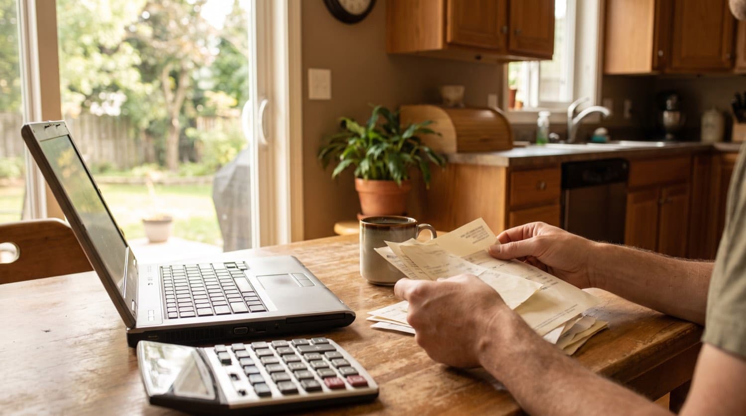 Toronto homeowner sorting lawn care and landscaping receipts at a kitchen table while preparing a rental property tax return