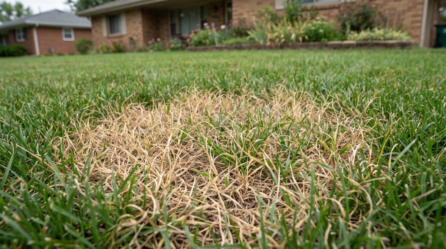 Close-up of a Toronto lawn showing a circular disease patch of discoloured grass among healthy green turf