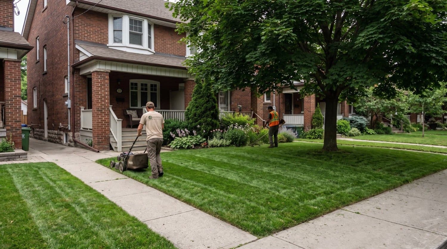 Lawn care crew mowing a striped green front lawn at a Toronto brick semi on a summer morning under a seasonal maintenance contract