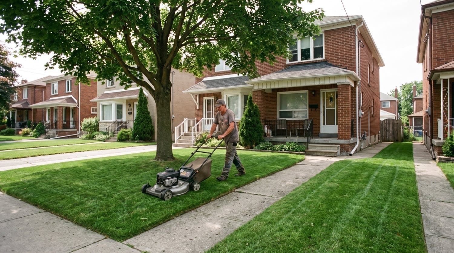 Homeowner mowing a modest Toronto front lawn on a summer weekday morning in a residential neighbourhood