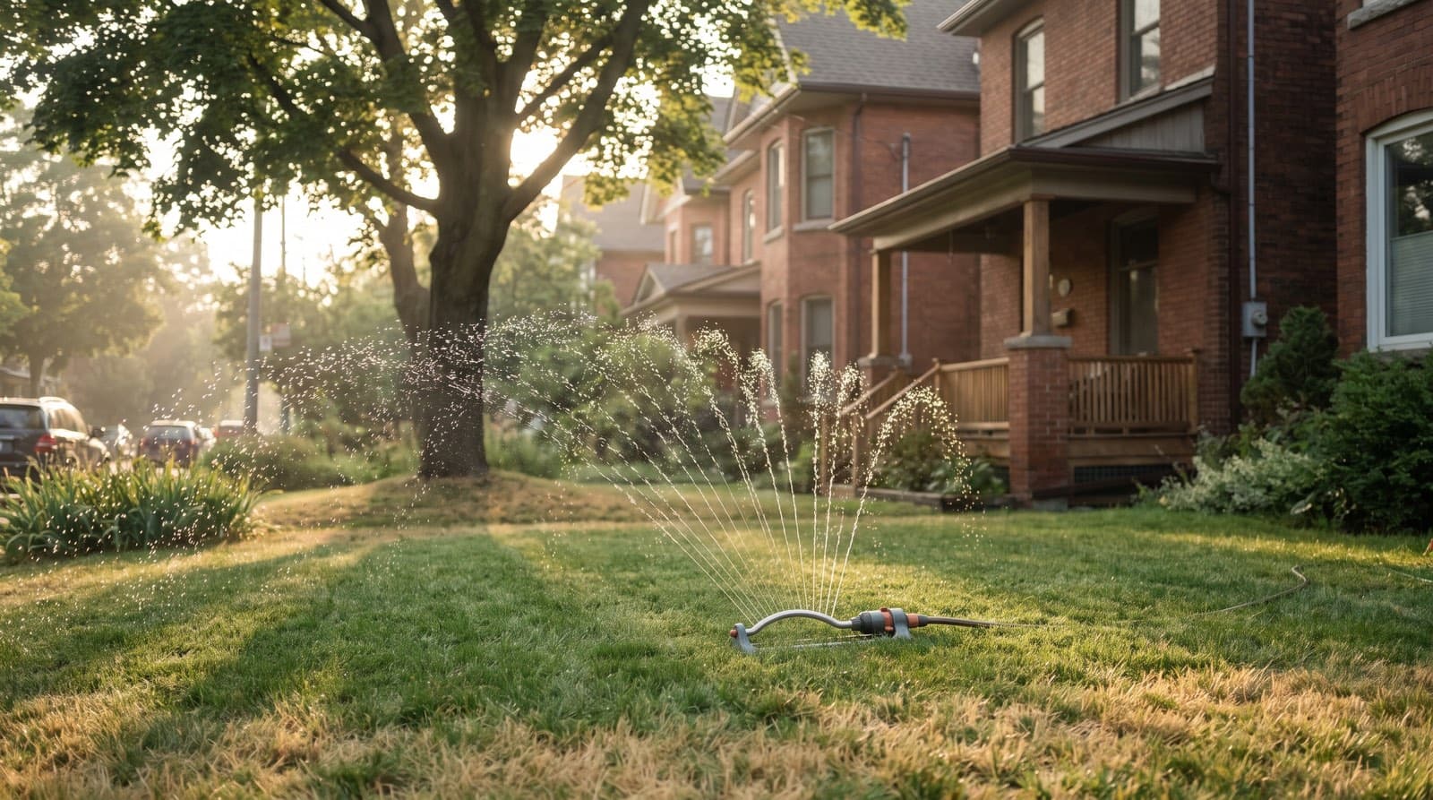 A sprinkler watering a Toronto lawn at dawn during a hot, dry summer stretch