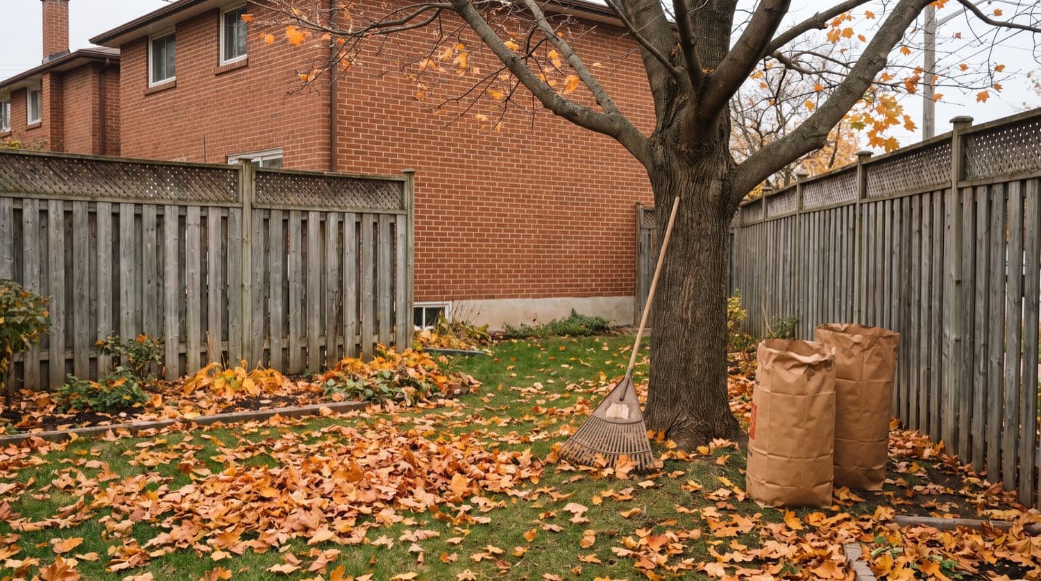 Toronto backyard covered in fallen maple leaves during a fall cleanup, red-brick house and rake in the frame
