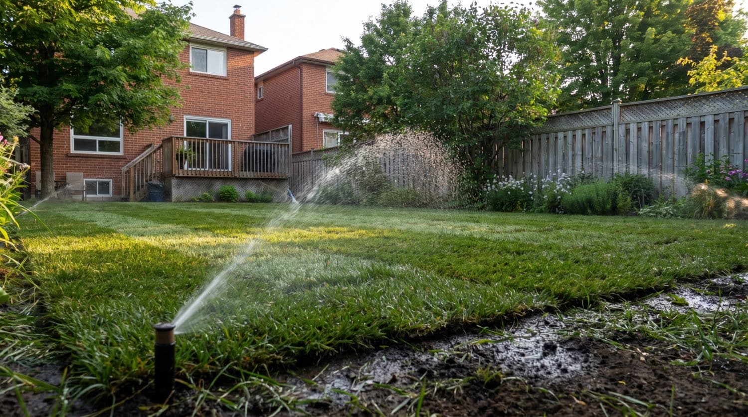 Freshly laid green sod rolls being watered in a Toronto backyard on a summer morning