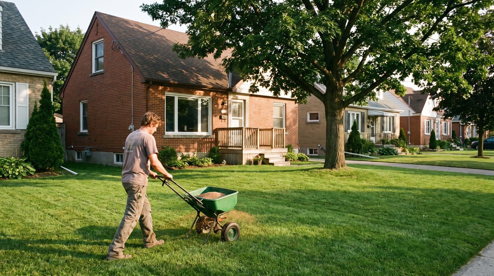Homeowner spreading natural lawn treatment from a broadcast spreader on a healthy green Toronto lawn in summer