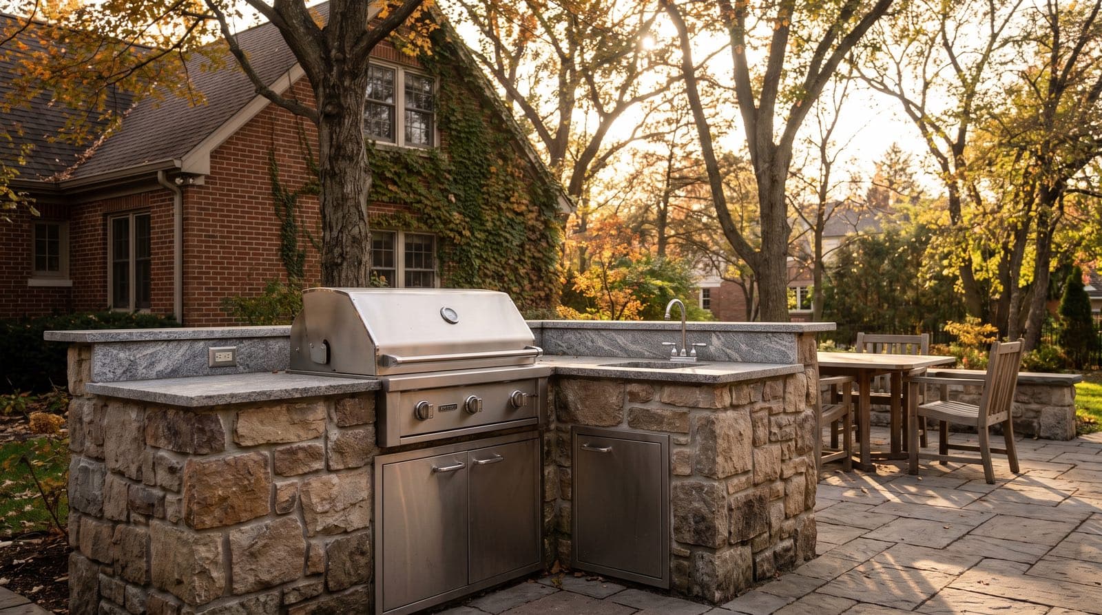Stone and stainless steel outdoor kitchen with a built-in grill on a Toronto backyard patio in early fall