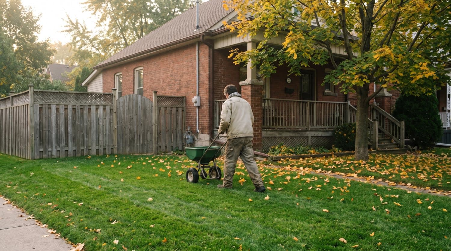 A homeowner spreading grass seed with a broadcast spreader over a green Ontario lawn in early fall with a few fallen leaves