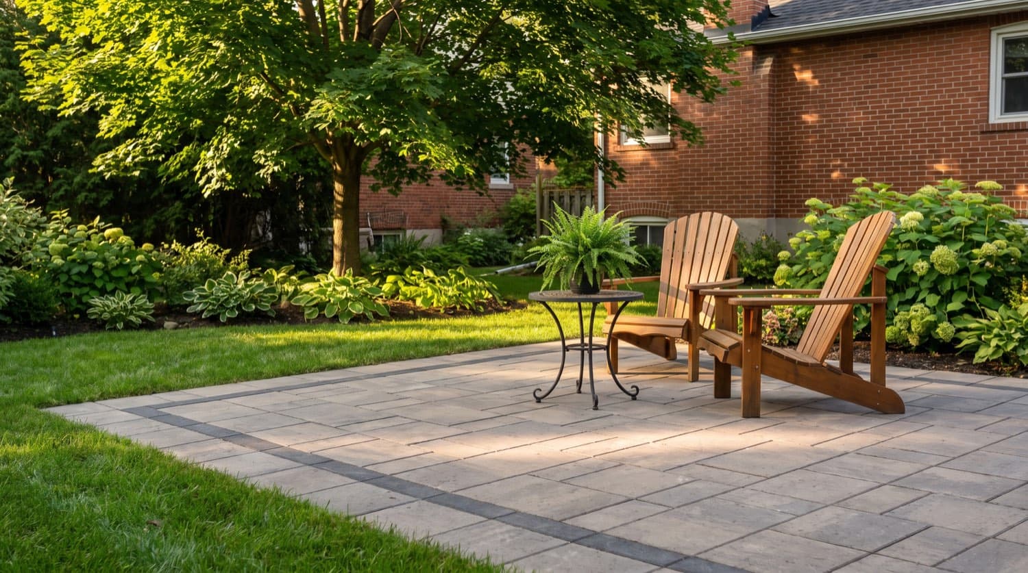 Finished interlock paver patio with a seating area behind a red-brick Toronto home on a summer afternoon