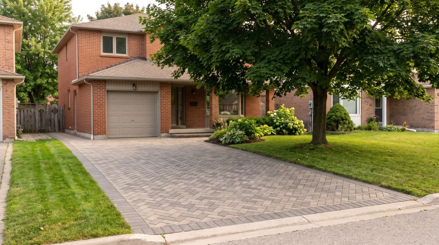 Herringbone pattern interlocking paver driveway leading to a Toronto brick home in summer
