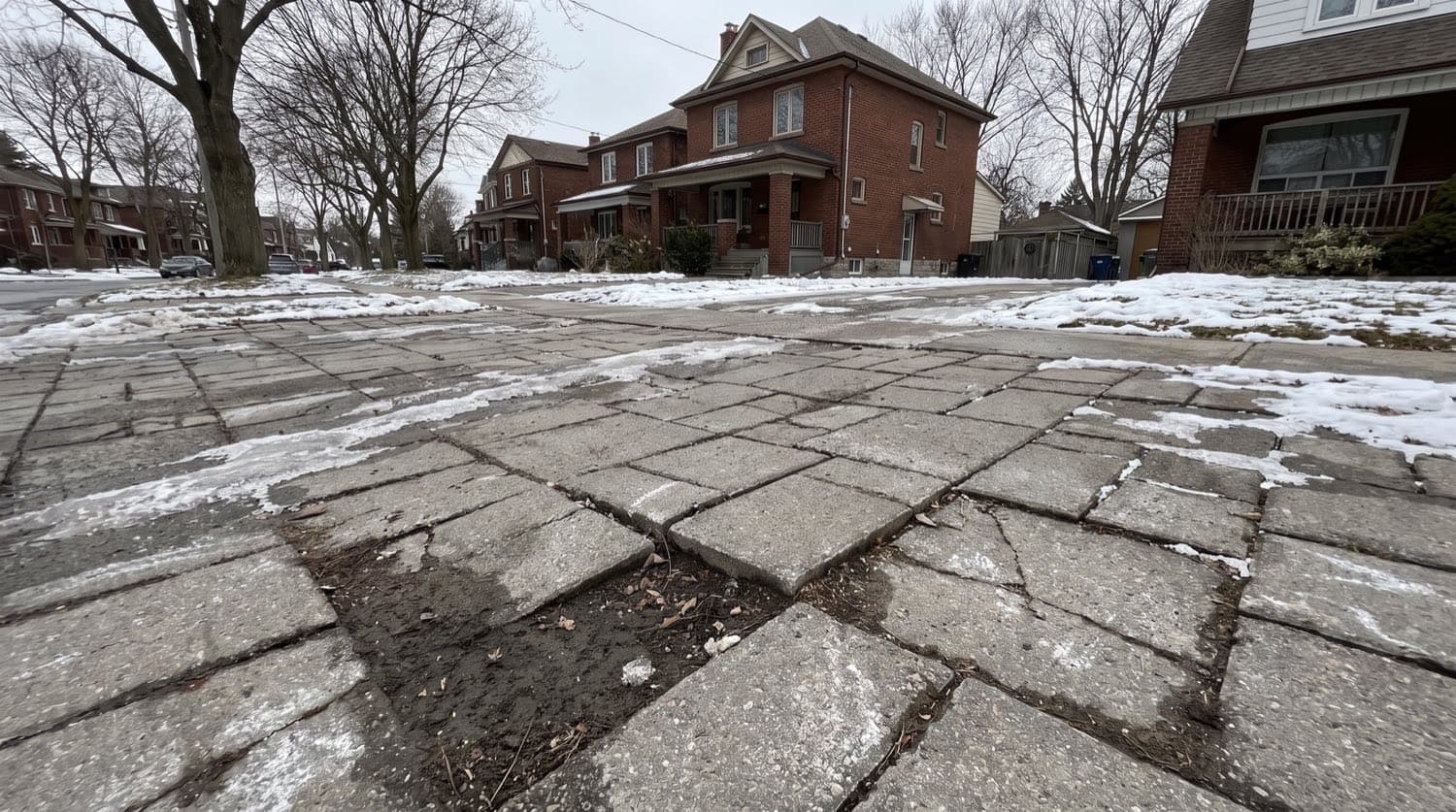 A Toronto interlock paver driveway with heaved and uneven pavers after winter, patches of snow and white salt residue on the surface