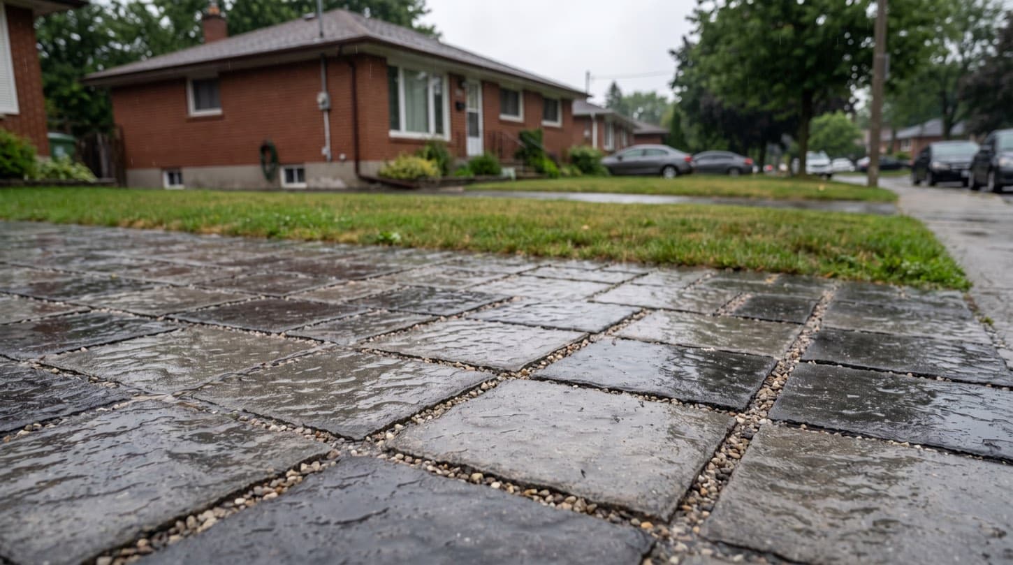 Permeable interlocking paver driveway in Toronto with rain soaking through the open joints in summer