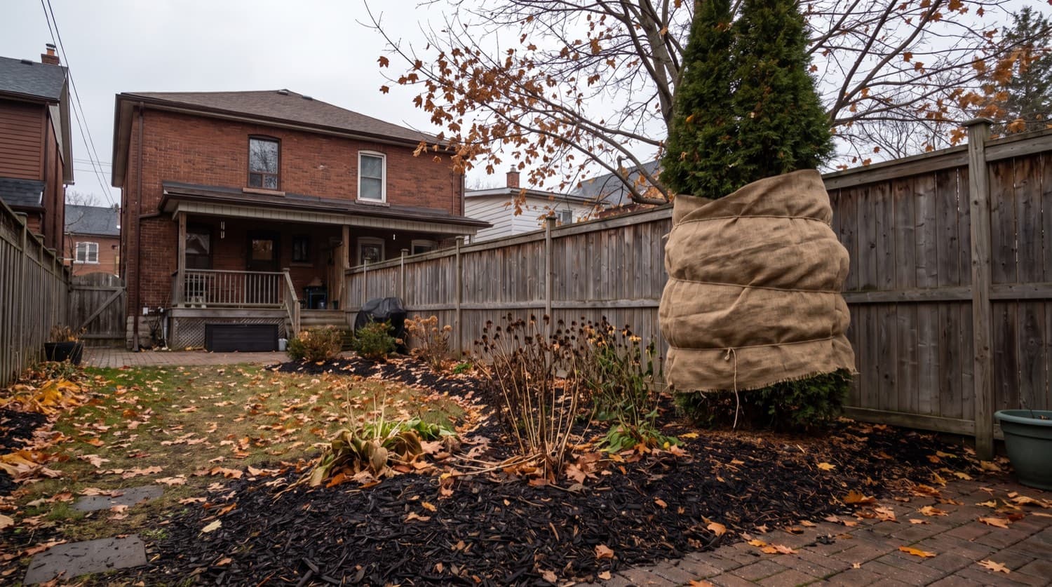 Toronto backyard garden in late fall with mulched beds, a burlap-wrapped cedar, and bare trees dropping leaves