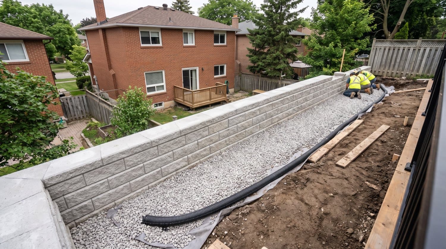Cross-section of a retaining wall under construction showing gravel backfill and a drain pipe behind the blocks in a Toronto yard
