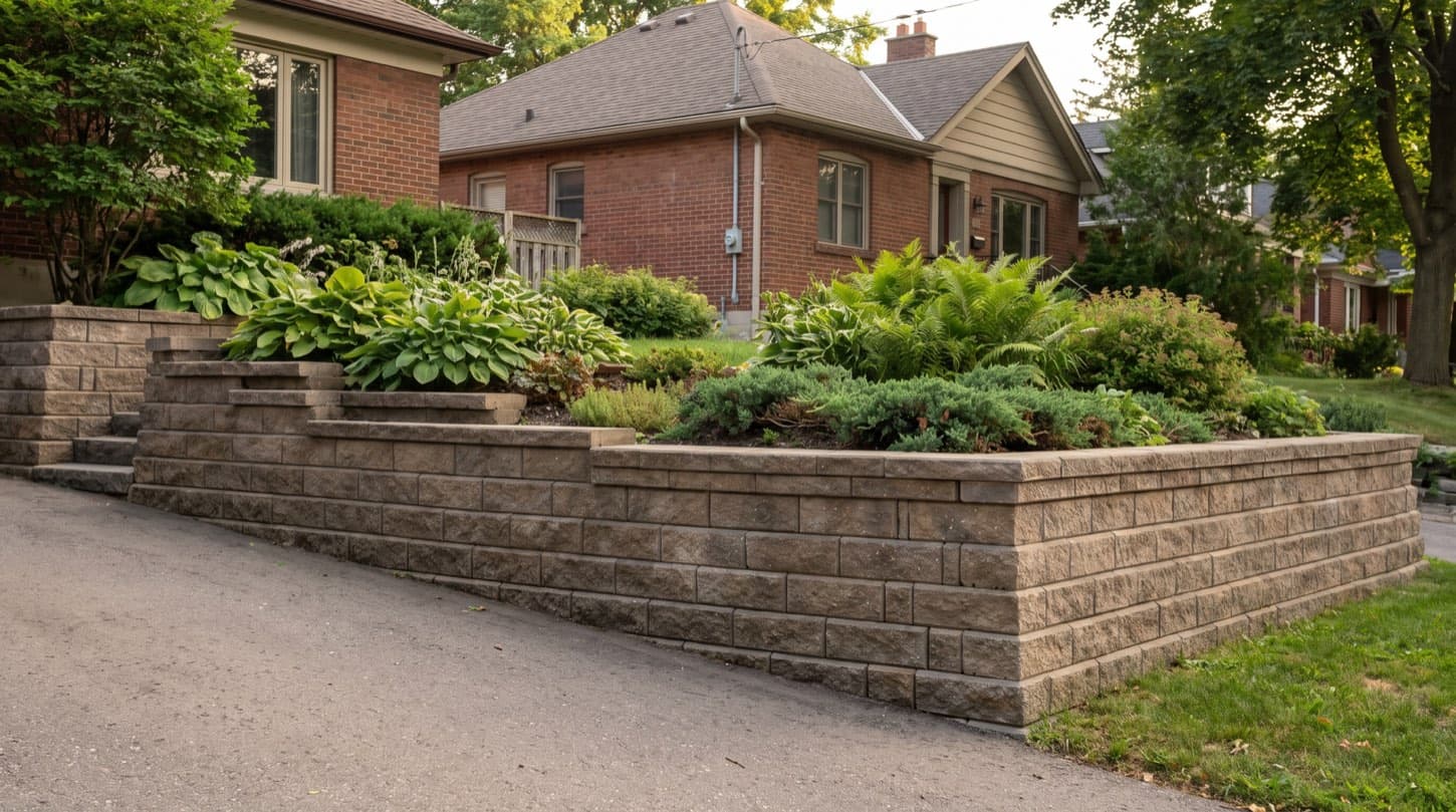 Tall engineered segmental concrete block retaining wall holding back a raised yard beside a Toronto home