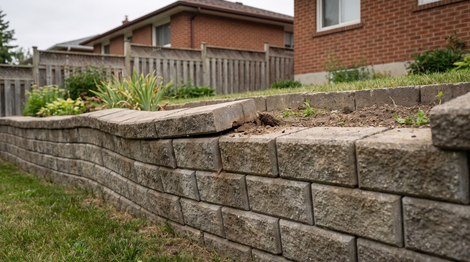 A leaning, bulging interlocking block retaining wall in a Toronto backyard showing signs of failure