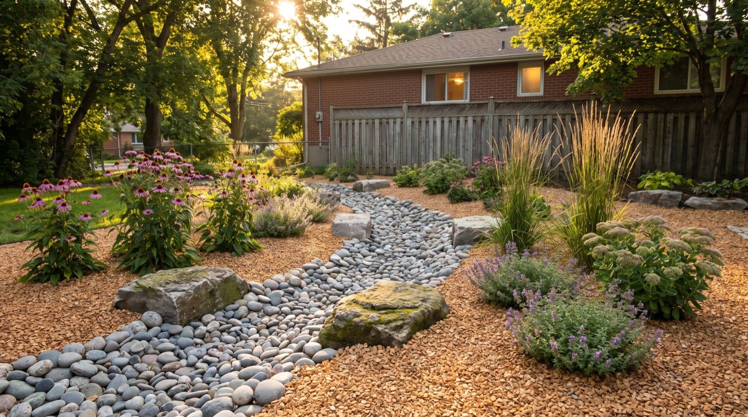 Toronto backyard with a river-rock dry creek bed winding through a gravel garden with drought-tolerant perennials in summer