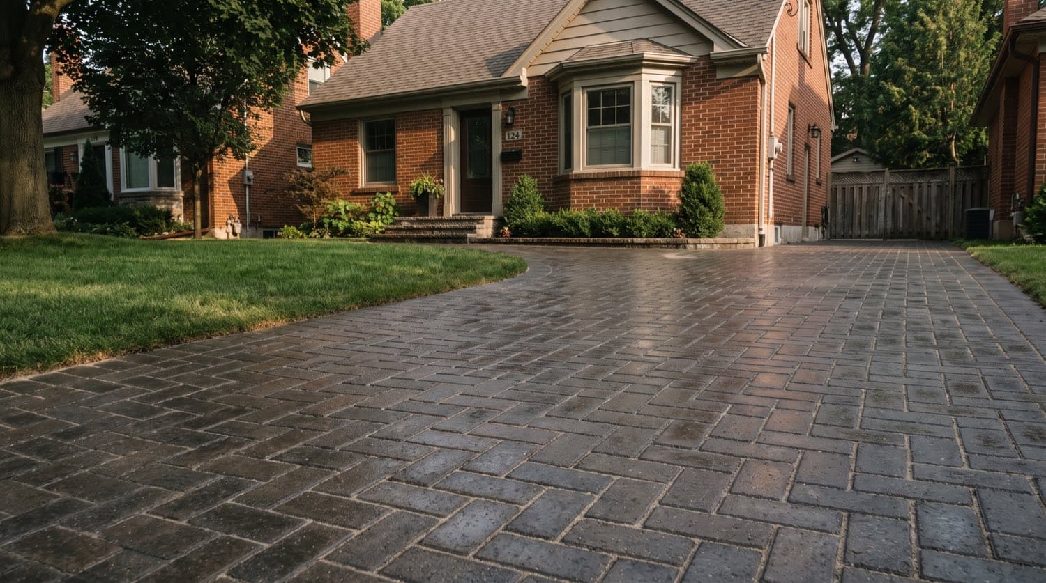 Freshly sealed interlocking paver driveway in Toronto with a subtle wet-look sheen and clean, sand-filled joints