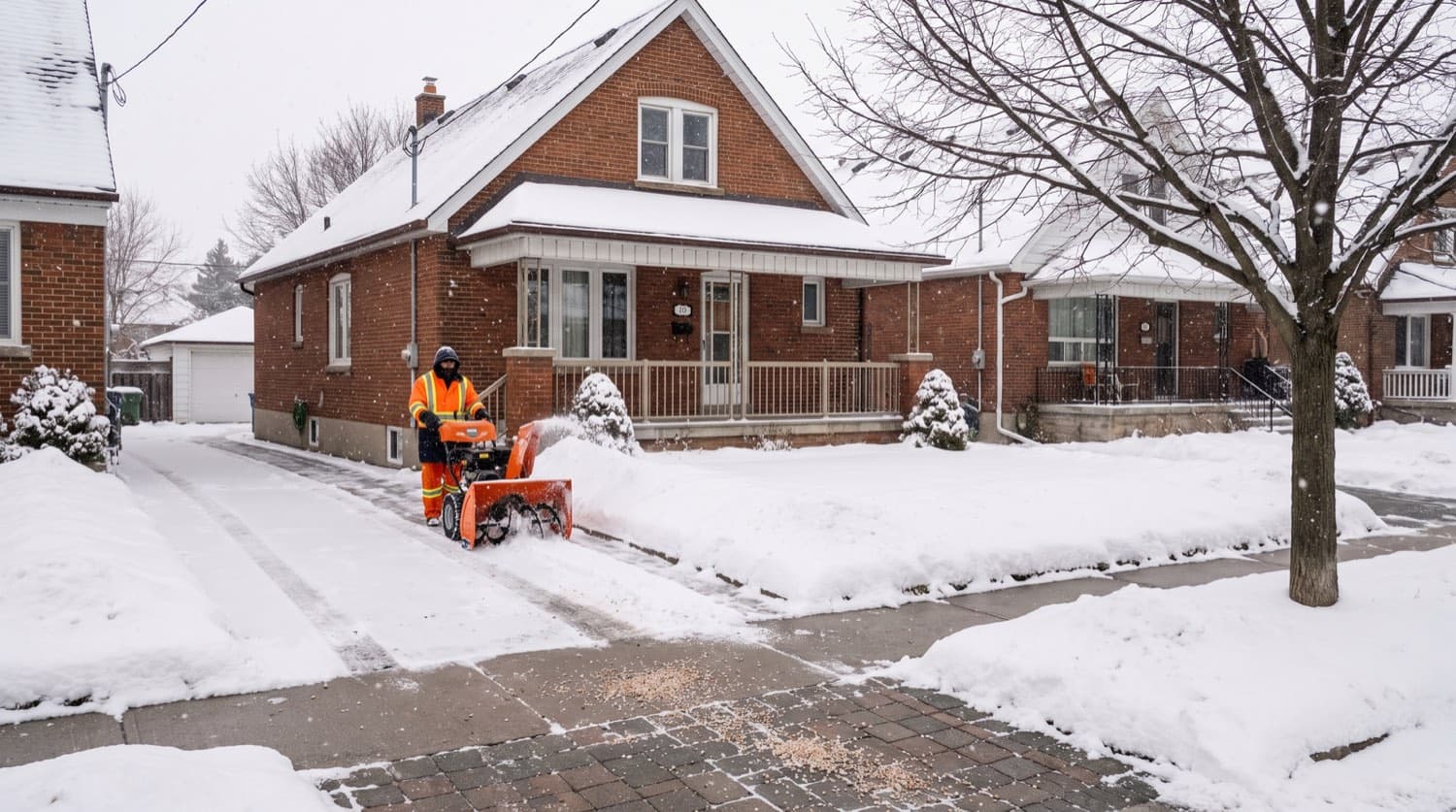 Snow removal crew clearing a residential Toronto driveway on a snowy winter morning