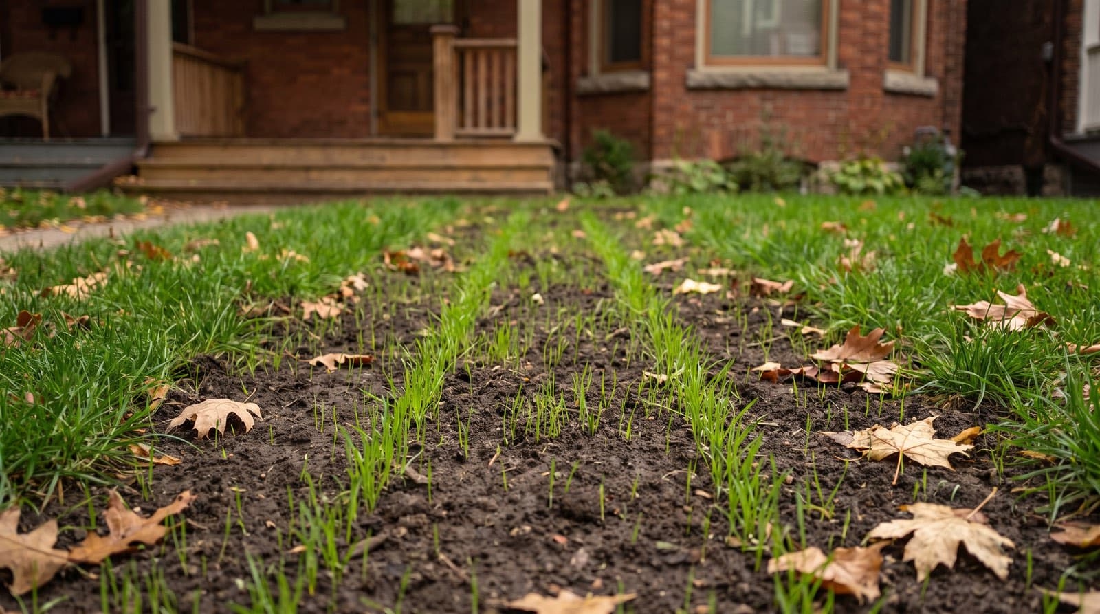 Fresh grass seedlings sprouting in neat rows across a thin Toronto lawn in early fall