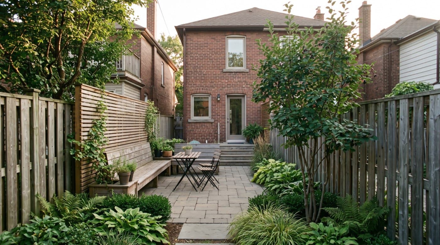 Compact, tidy backyard of a Toronto semi with a small paver patio, built-in bench, privacy screen, and layered greenery