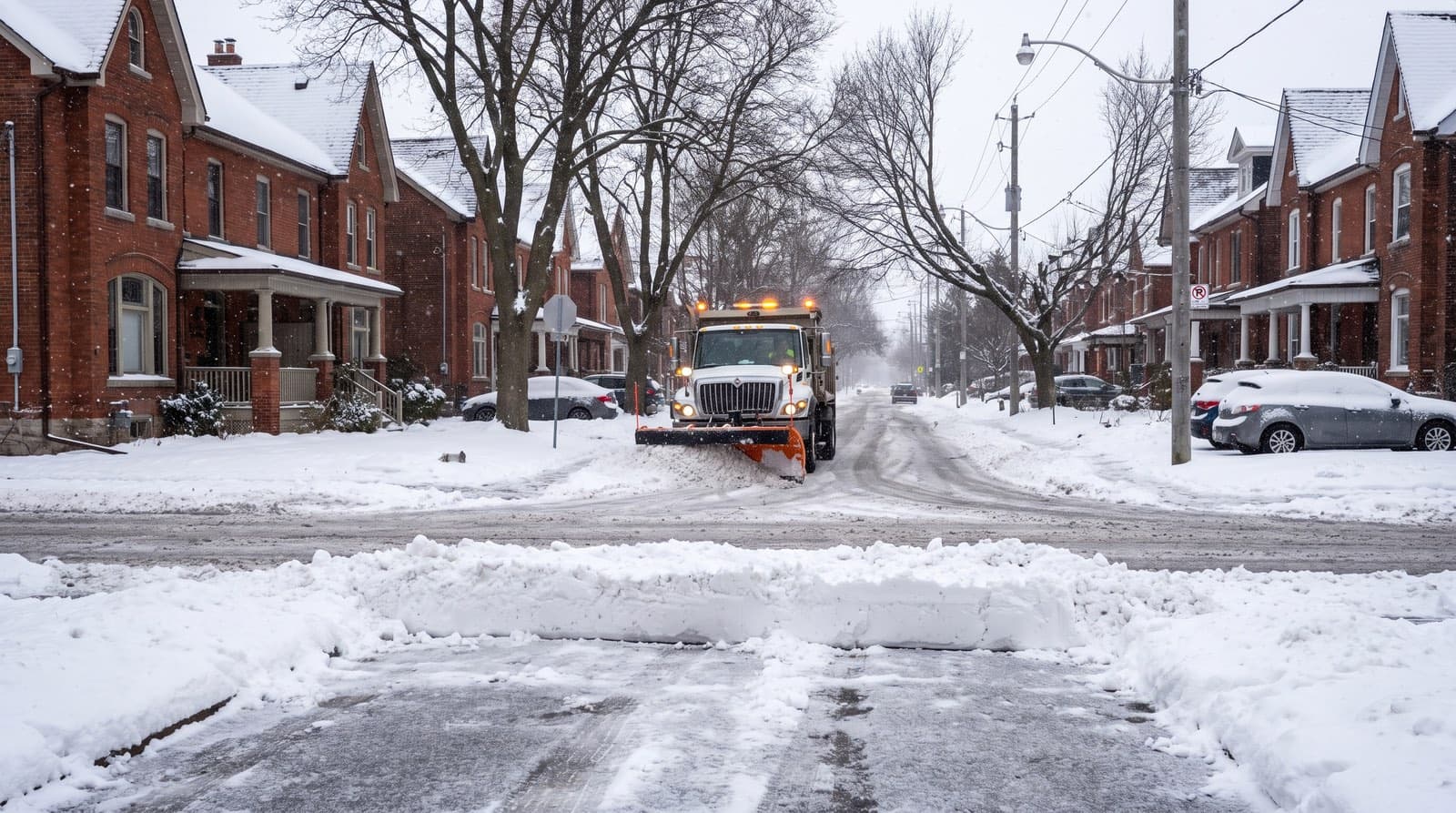 City plow clearing a snowy residential Toronto street while a driveway windrow blocks a brick house on a winter morning