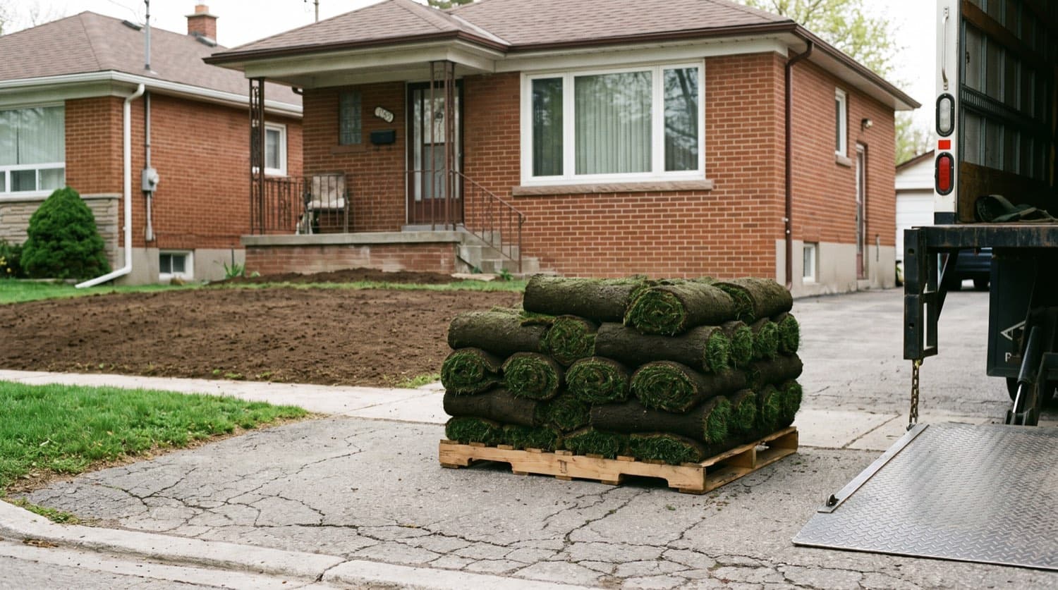 Pallet of fresh rolled sod being delivered to a Toronto residential driveway on a spring morning