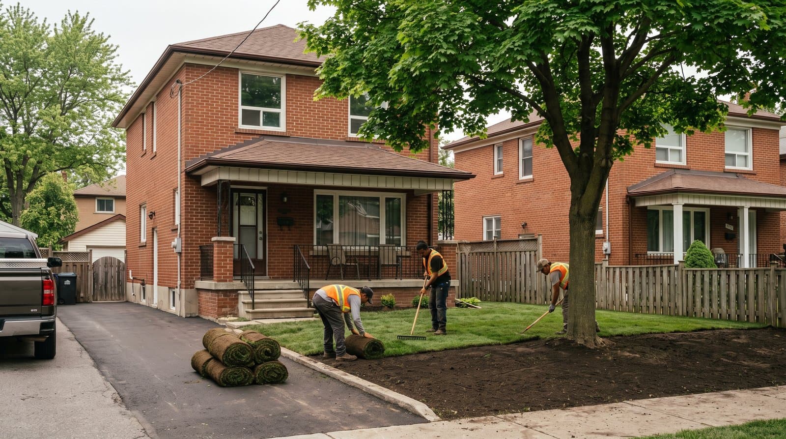 Fresh sod rolls being laid on a modest Toronto front yard in early summer