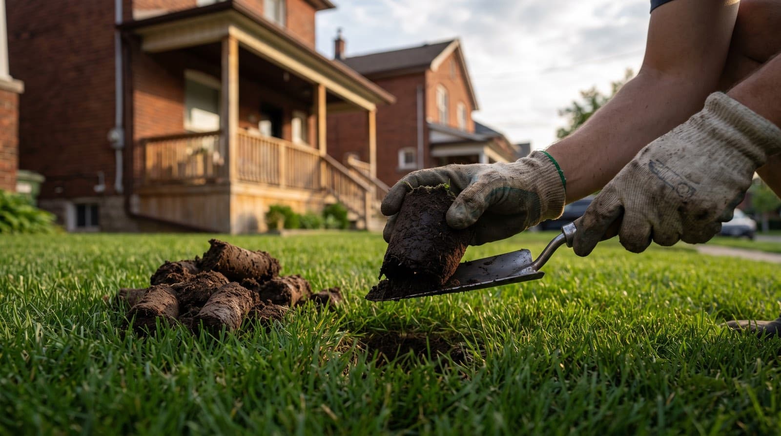 A homeowner taking a soil core sample from a green Toronto lawn with a hand trowel