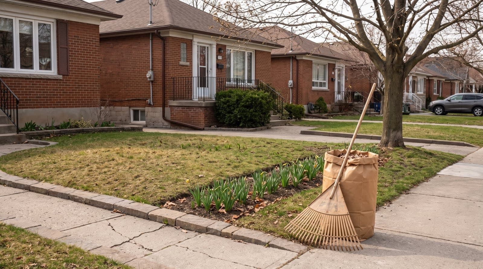 Early spring Toronto front yard being cleaned up, green grass emerging, garden beds edged, red-brick house behind