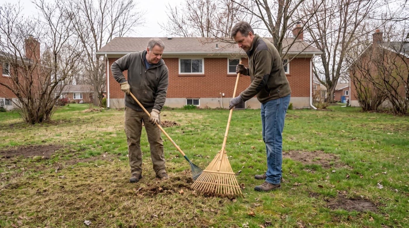 Homeowner raking winter debris off a greening Toronto backyard lawn in early spring with a brick house behind