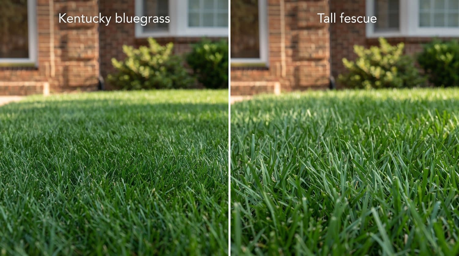 Split view of fine-bladed Kentucky bluegrass beside coarser turf-type tall fescue on a Toronto lawn in summer
