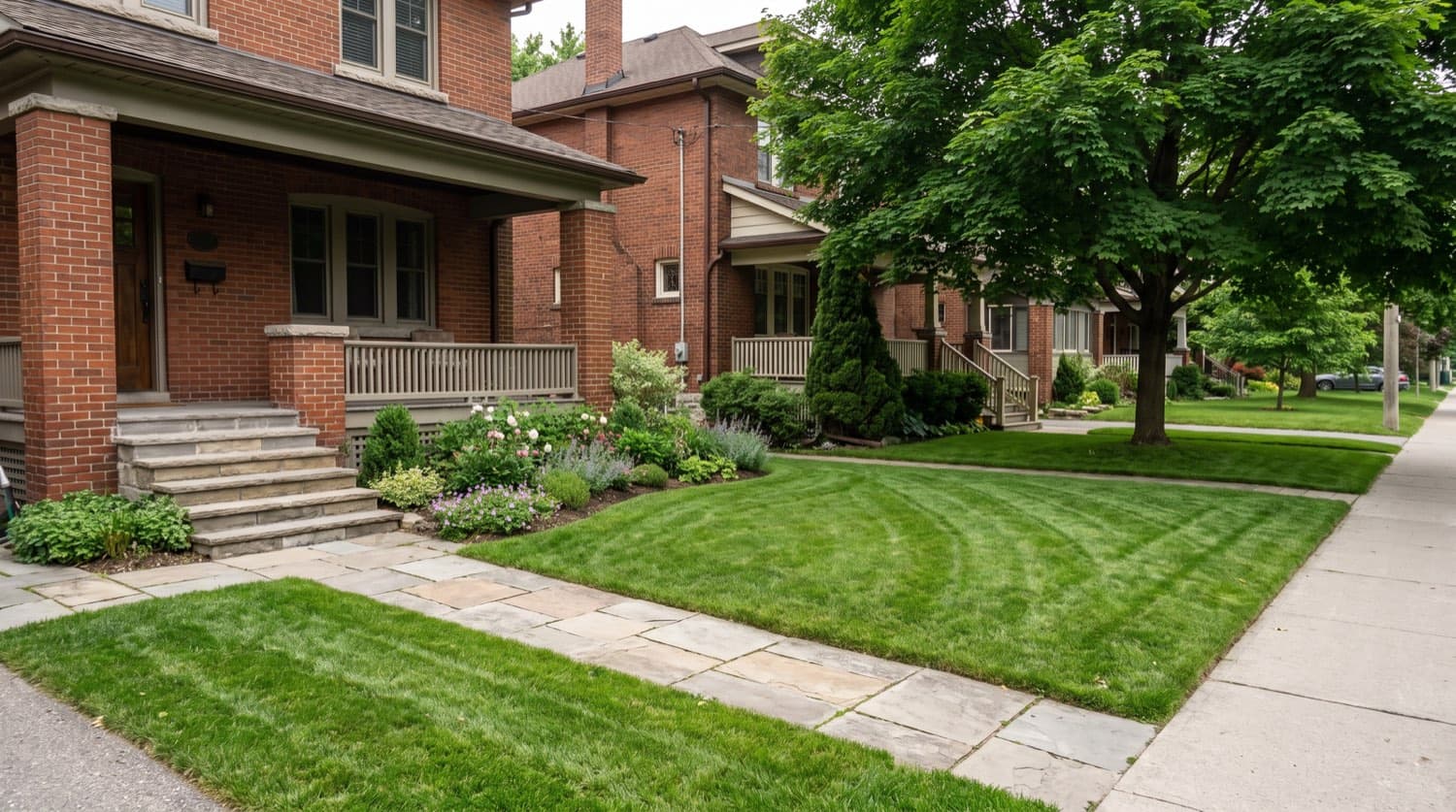 Healthy striped green lawn in front of a Toronto brick home on an early summer morning