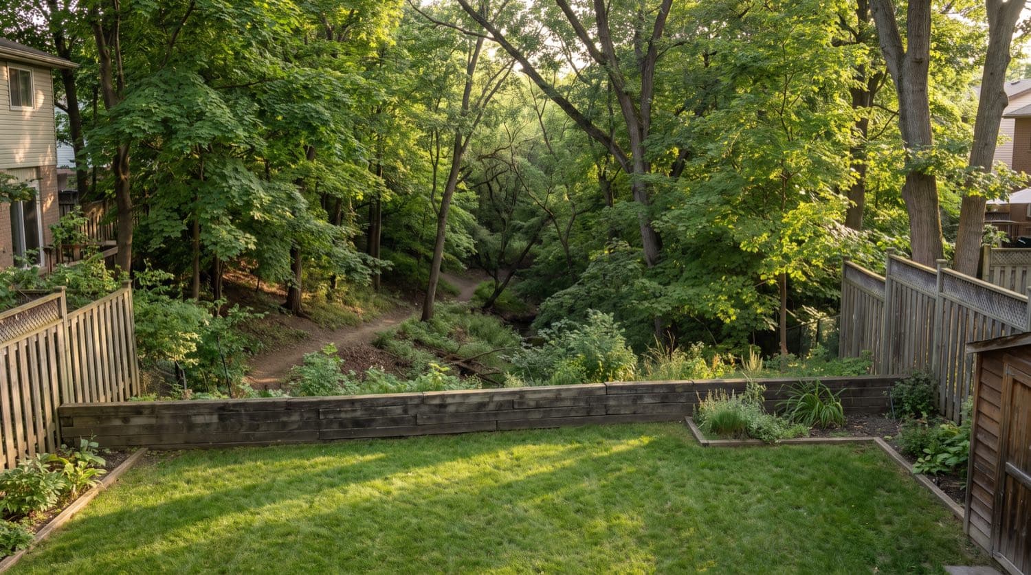 Toronto backyard bordering a wooded ravine slope with mature trees, showing where the protected area begins behind a residential lot