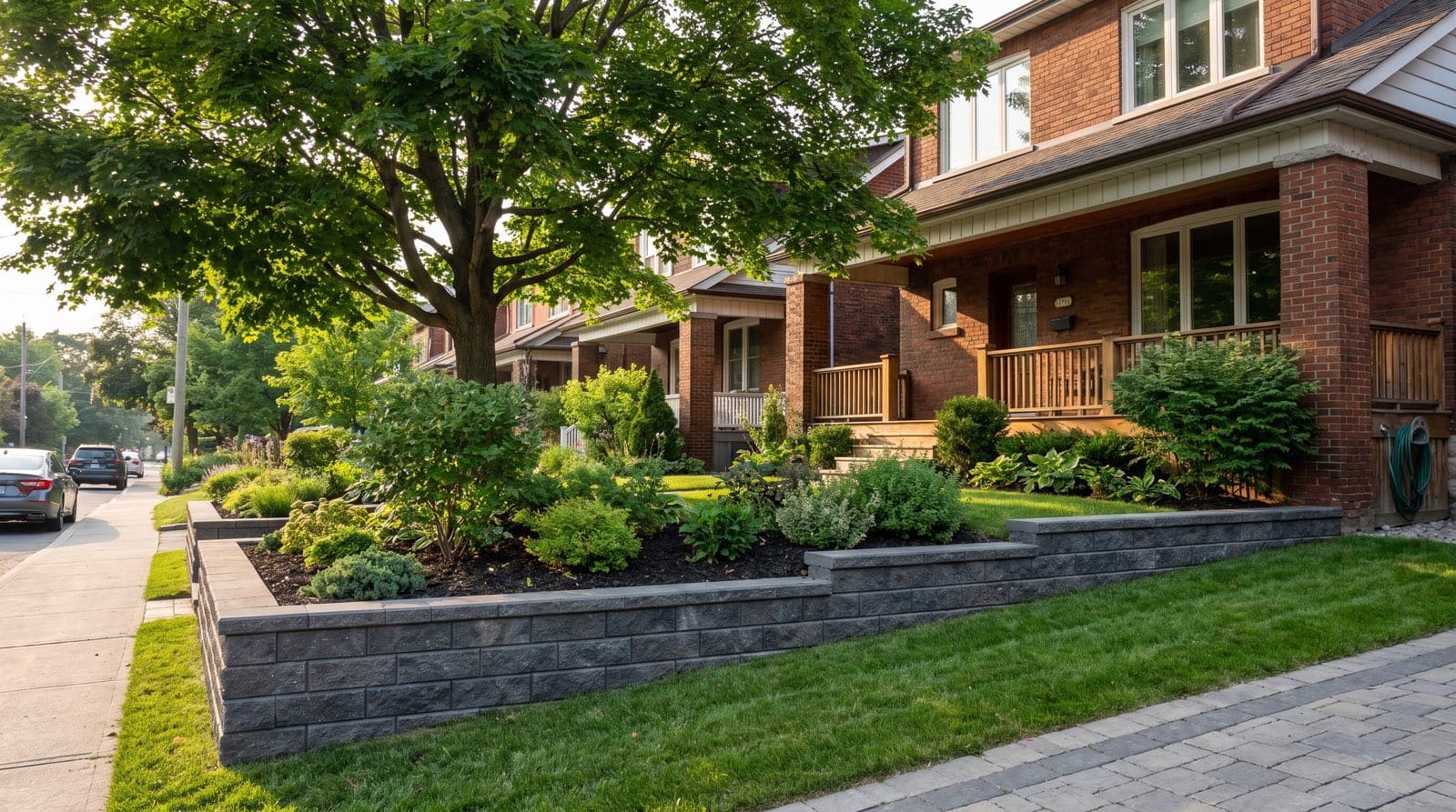 A finished interlocking block retaining wall holding back a sloped front garden on a red-brick Toronto street in summer