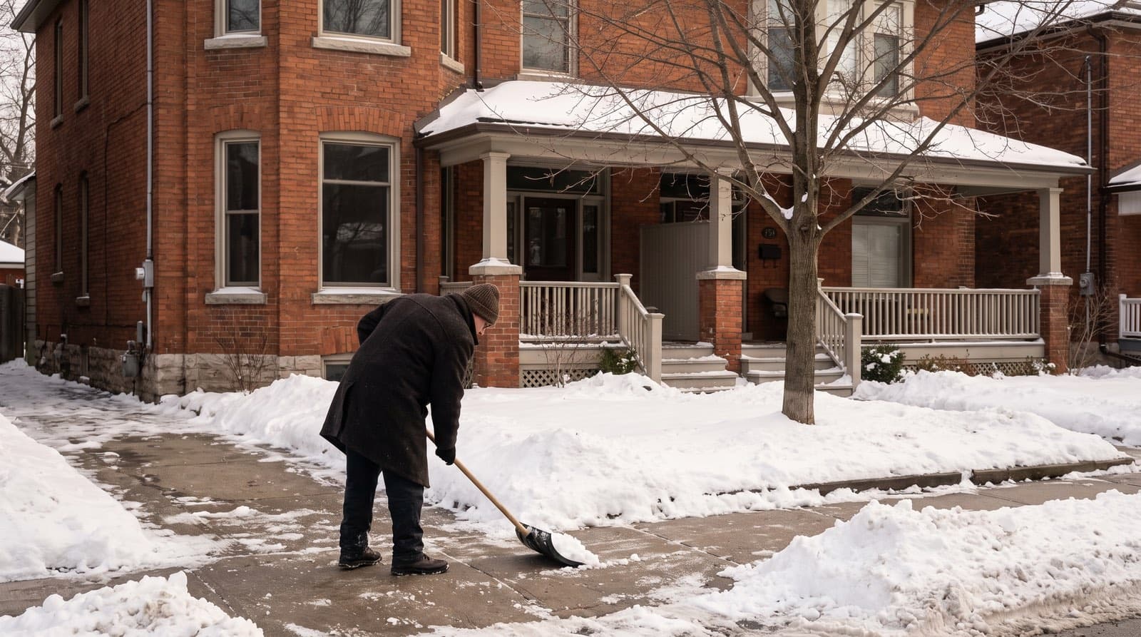 A Toronto homeowner shovelling snow off the public sidewalk in front of a red-brick house on a winter morning