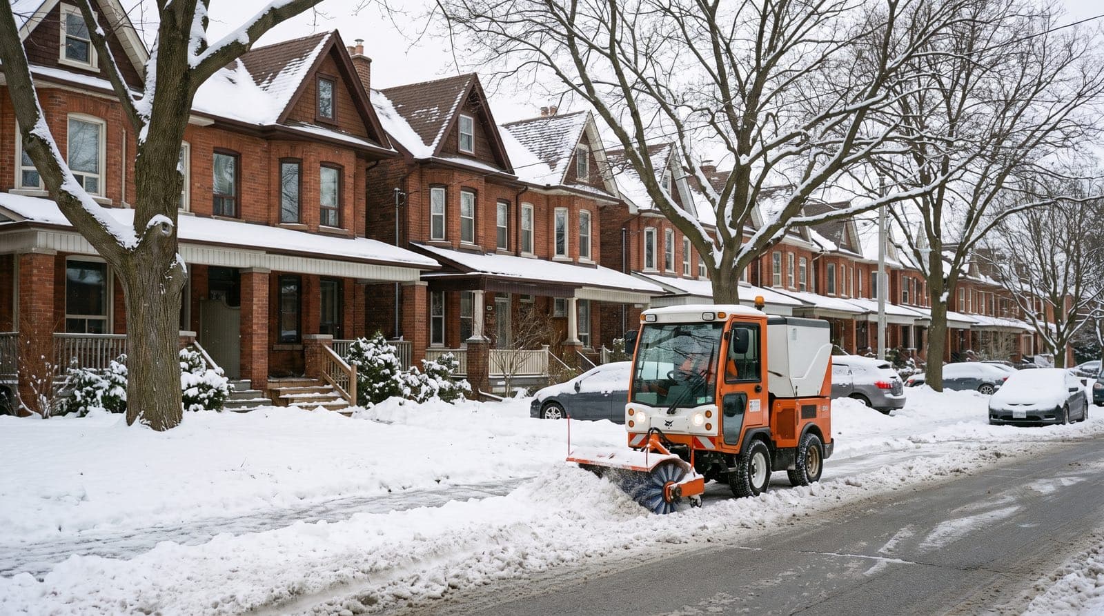 A City of Toronto sidewalk snow plow clearing a residential street lined with snow-covered brick houses after a winter storm