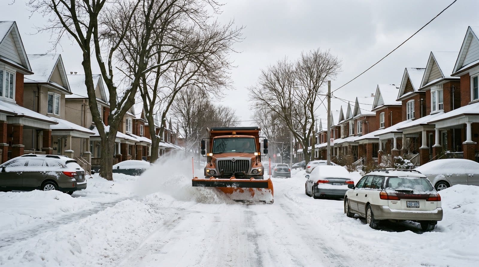 City of Toronto snow plow clearing a snow-covered residential street lined with brick houses on a grey winter morning