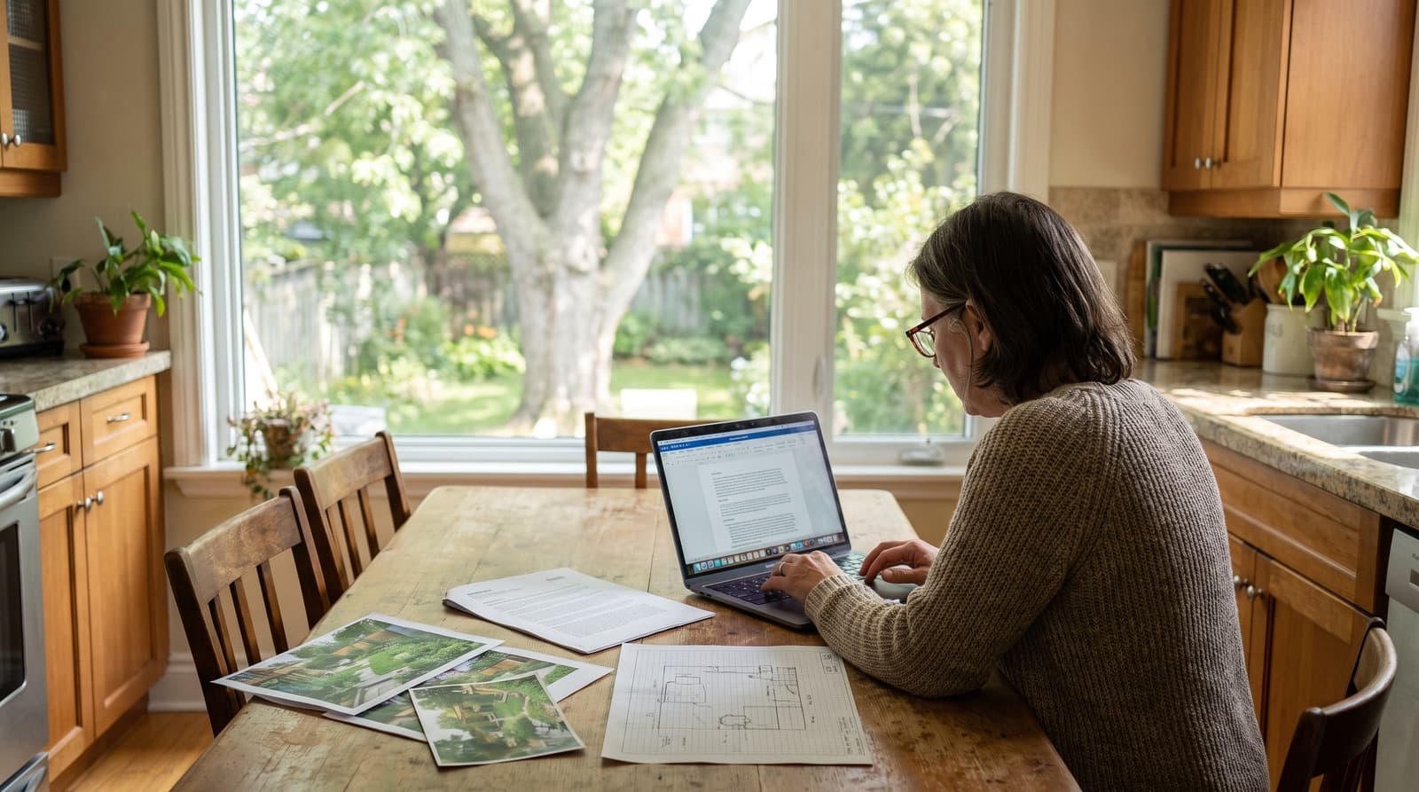 Homeowner reviewing a Toronto tree removal permit application on a laptop at a kitchen table with an arborist report and site photos
