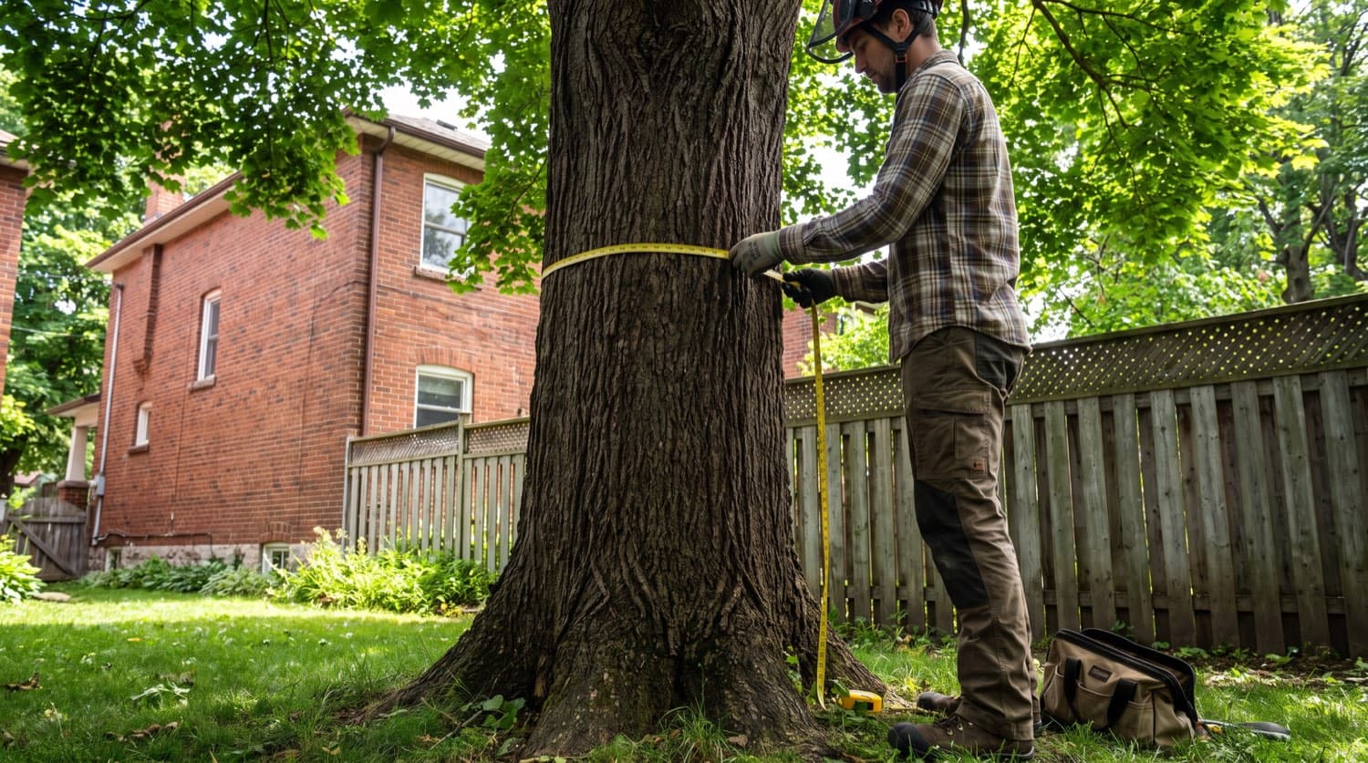 Certified arborist measuring the trunk diameter of a mature backyard maple with a tape at chest height in a Toronto residential yard