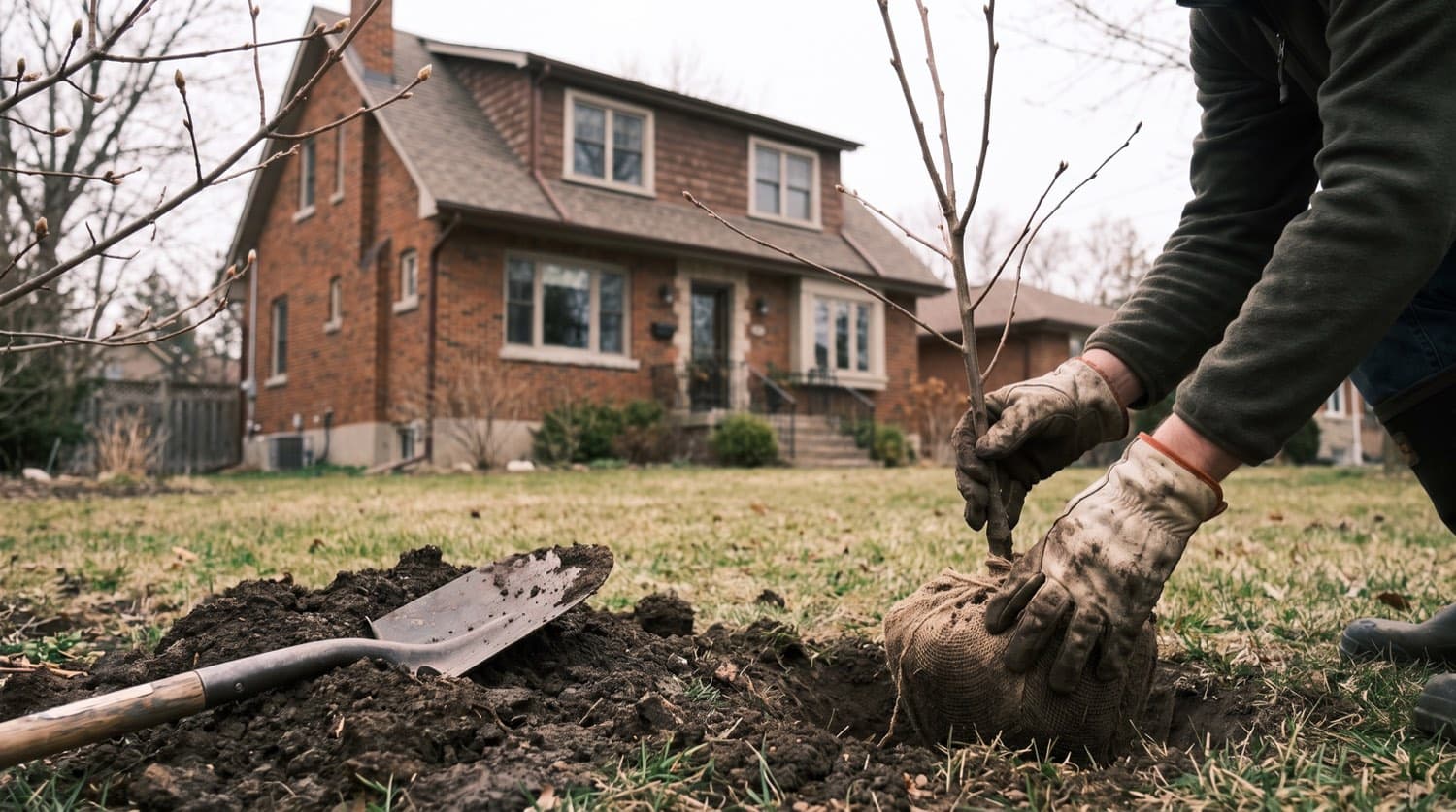 Homeowner replanting a small tree with a burlap-wrapped root ball into a prepared hole in a Toronto yard in early spring