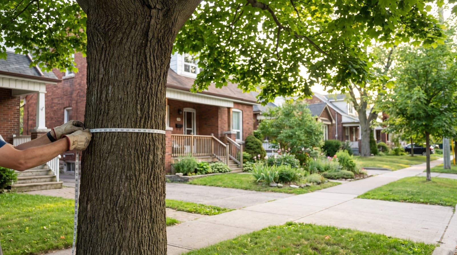 Mature maple tree in a Toronto residential front yard being measured for diameter at breast height with a diameter tape