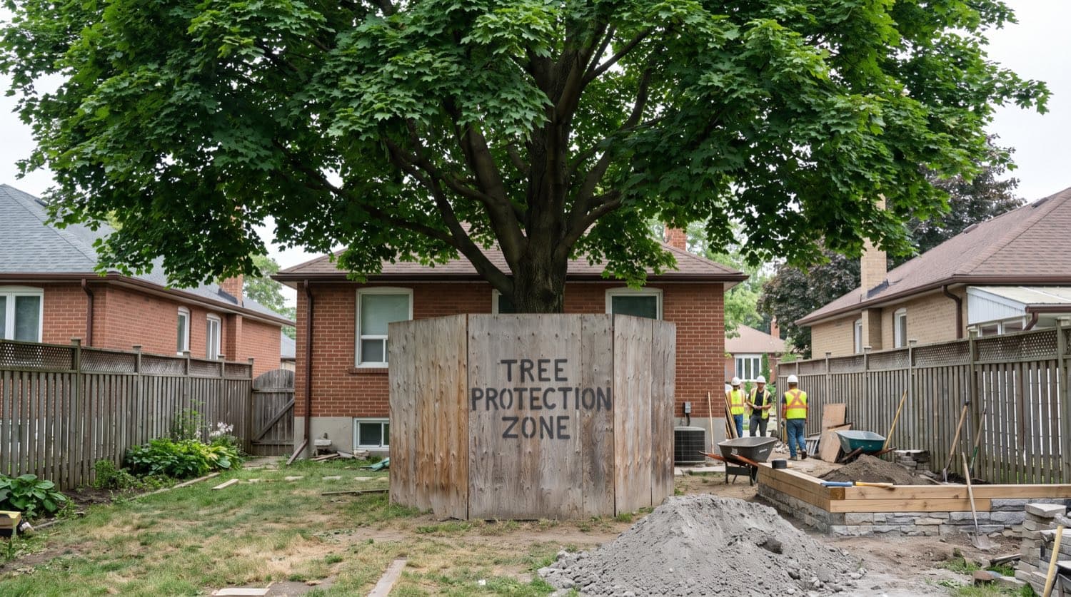 A mature maple tree on a Toronto residential lot surrounded by plywood tree protection hoarding at a landscaping construction site in summer