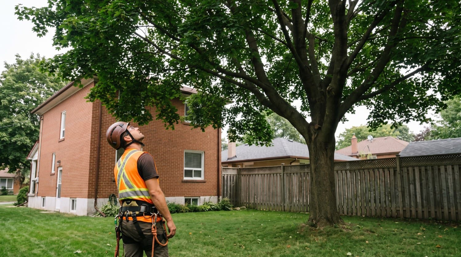 Certified arborist inspecting a large mature maple in the backyard of a Toronto brick home before removal