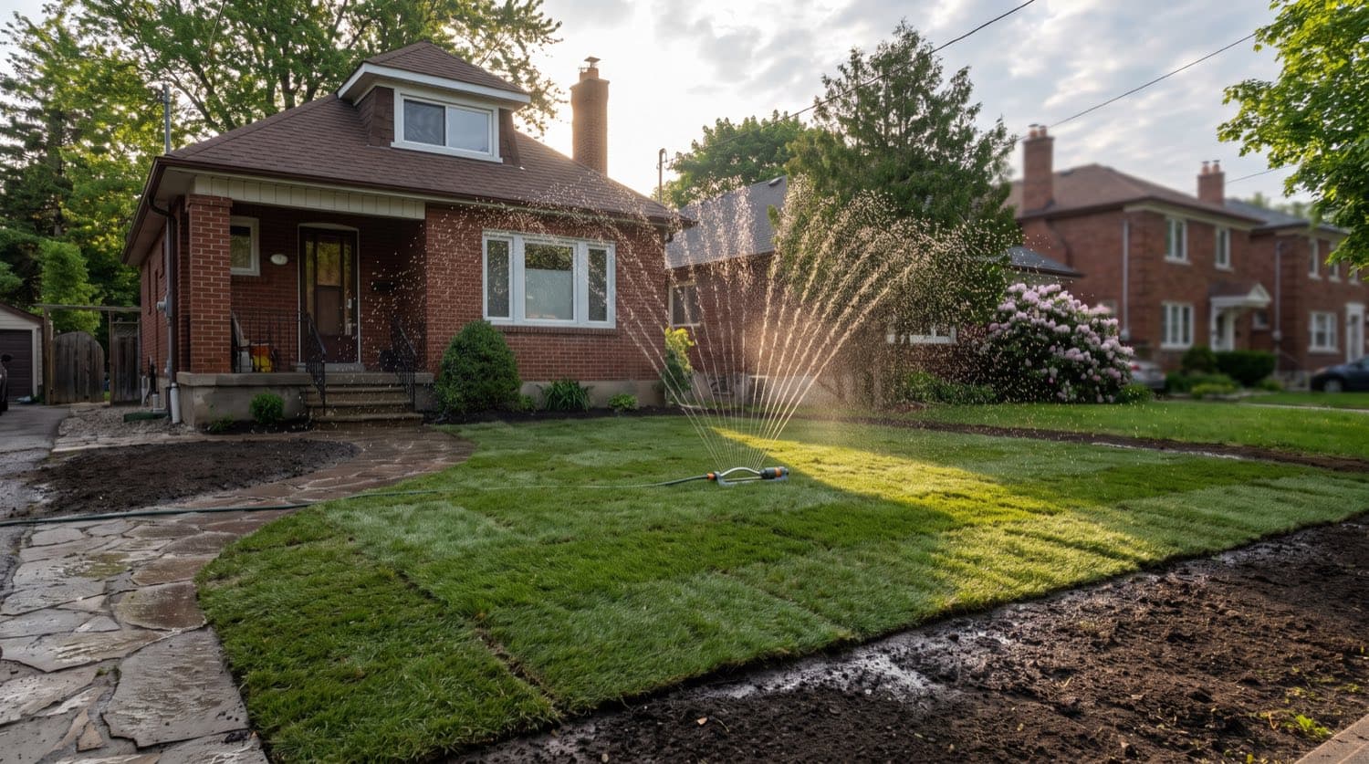 Freshly laid green sod rolls on prepared soil at a Toronto home with a sprinkler watering the new lawn on a summer morning
