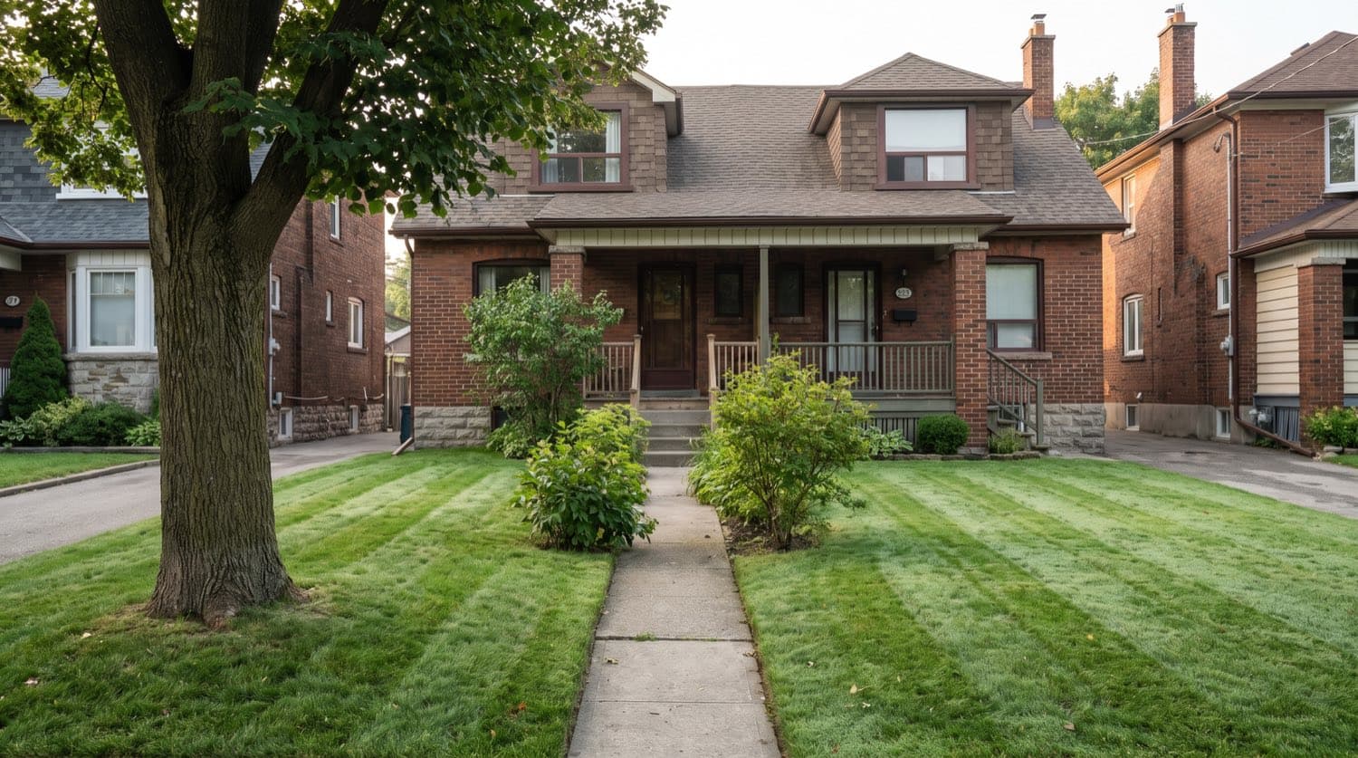 Freshly mowed striped green front lawn of a Toronto semi-detached house on a summer morning