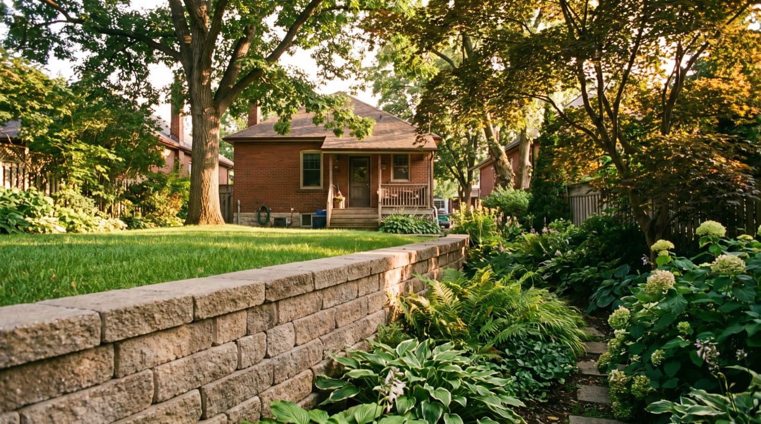 A segmental concrete block retaining wall terracing a sloped Toronto backyard into level planting areas in summer