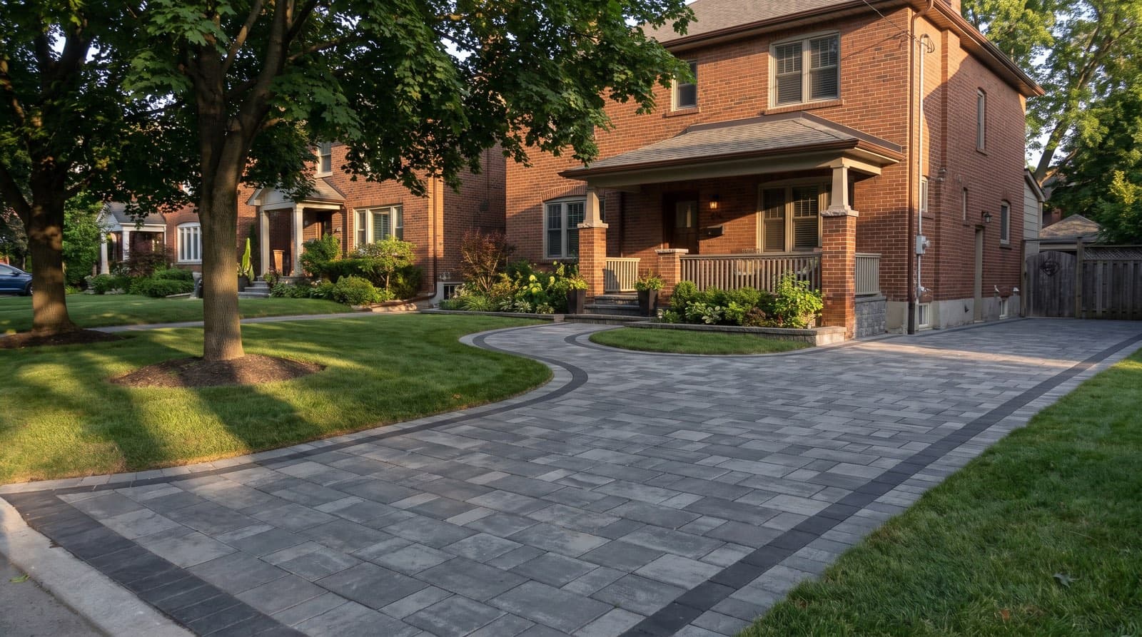 A finished interlocking paver driveway and walkway in front of a red-brick Toronto house in summer